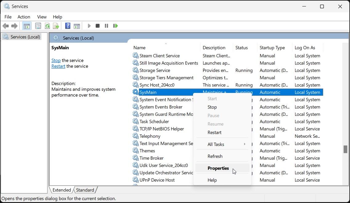 services sysmain properties