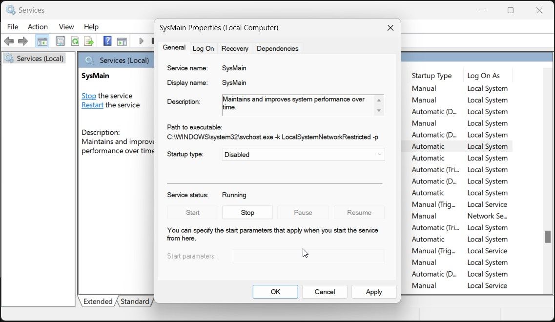 services sysmain startup type disabled