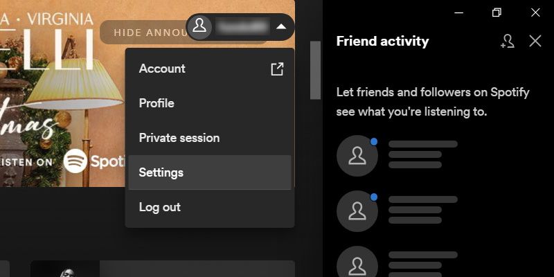 the spotify dropdown menu that appears when you click the username and the settings option is selected