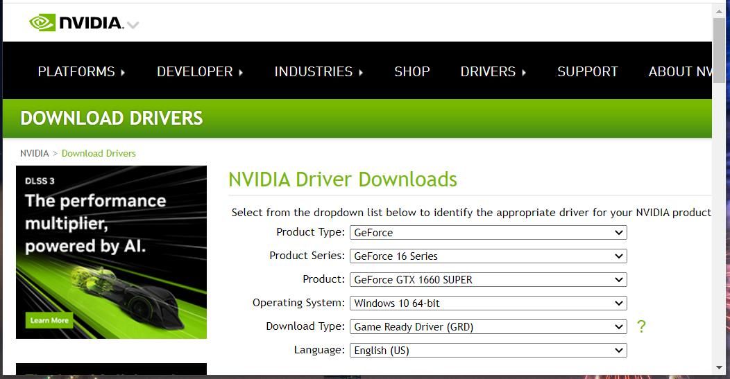 The NVIDIA driver downloads page