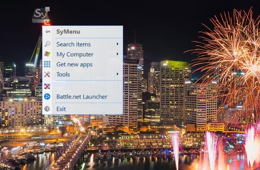 The SyMenu desktop icon and menu