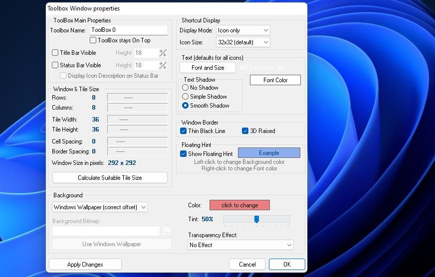 The Toolbox Window properties window 