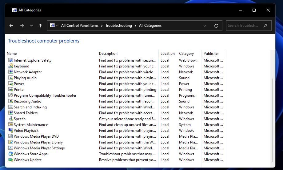 The troubleshooting list in the Control Panel 