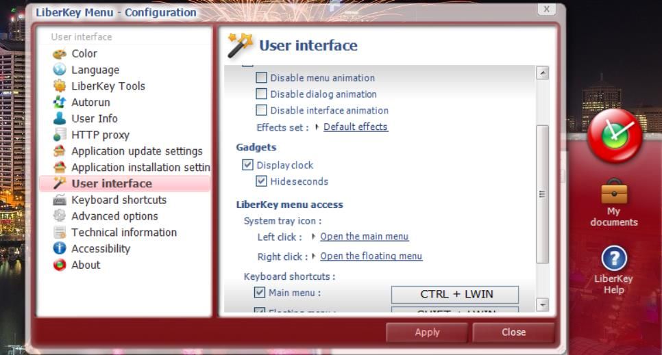 The User interface settings for LiberKey 