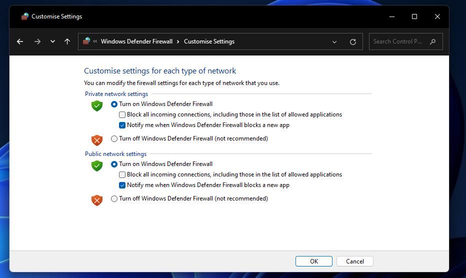 The Turn off Windows Defender Firewall radio button