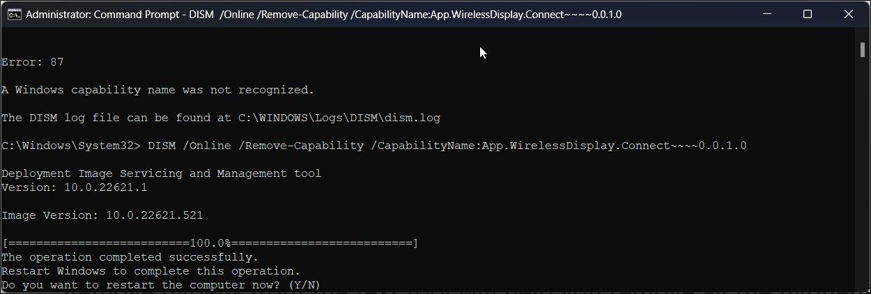 uninstall wireless display command prompt windows 11