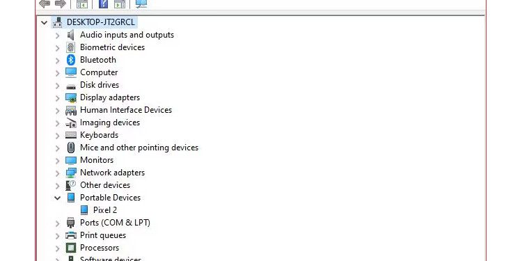 Windows 10 device manager showing Pixel 2 under Portable Devices