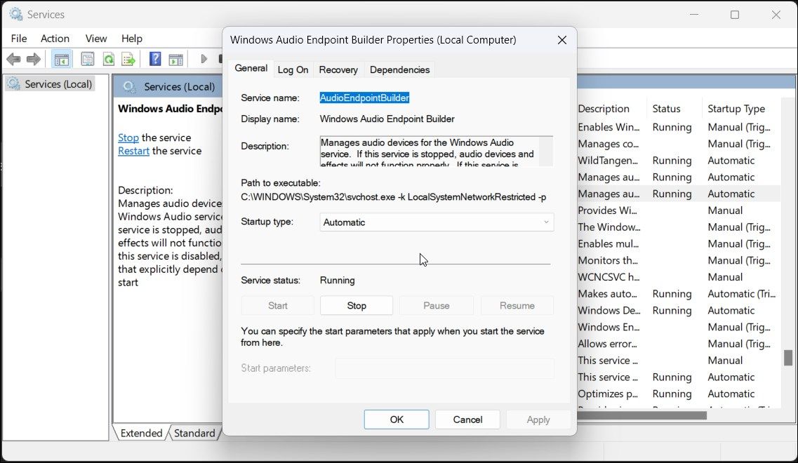 Windows Audio Endpoint Service startup type automatic