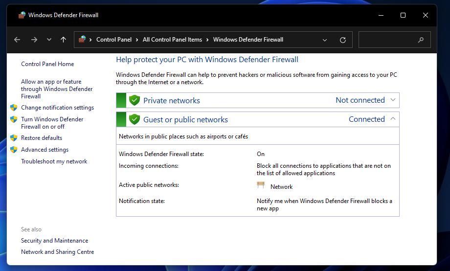 The Windows Defender Firewall applet