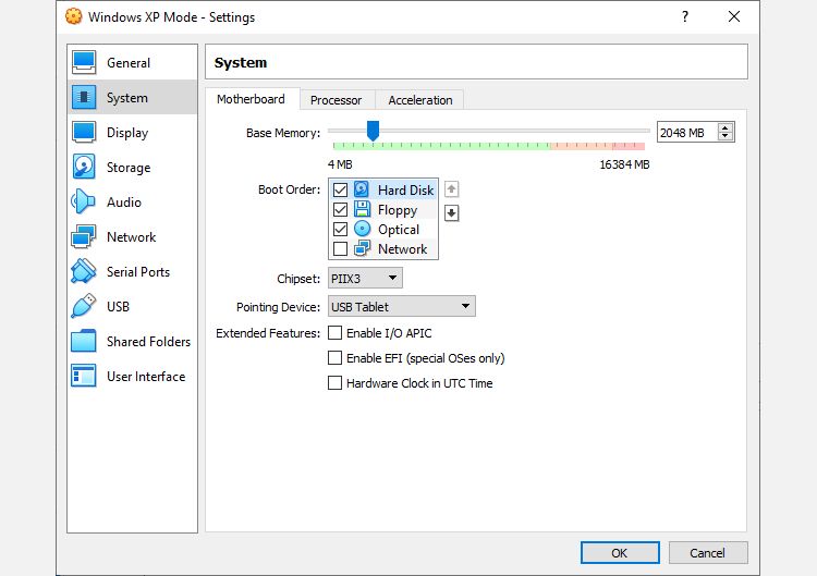 windows xp mode virtual machine motherboard settings