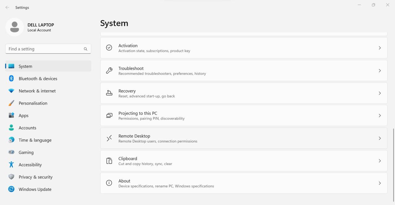 Opening the Remote Desktop Settings in the System Tab of the Windows Settings App