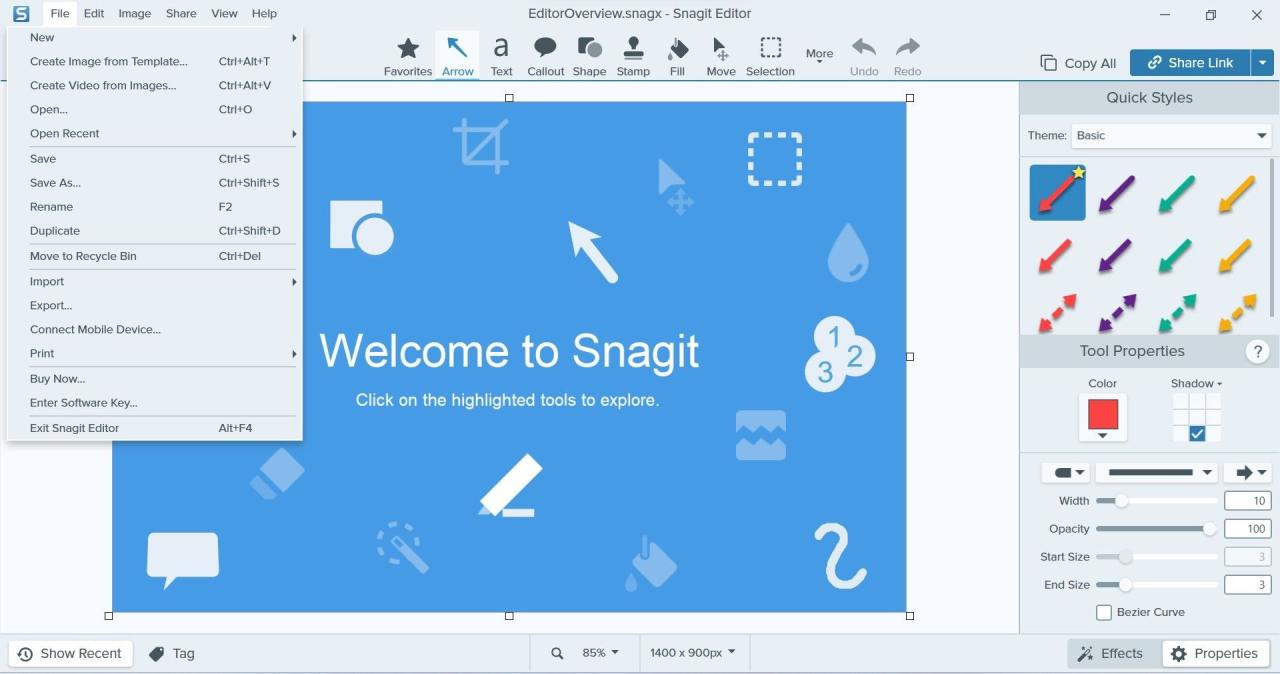 Clicking on the Open Option by Going to the File Tab in the Top-left Corner of the Snagit Editor App on Window