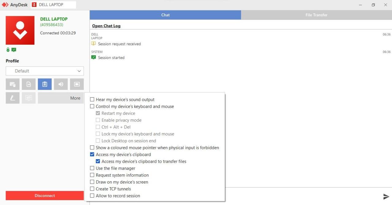 Checking the Boxes for Access My Device\'s Clipboard and Access My Device\'s Clipboard to Transfer Files in AnyDesk App of Remote PC