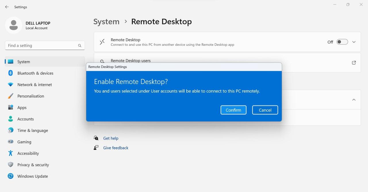 Clicking on the Confirm Button after Turning on the Toggle for Remote Desktop in Windows Settings App