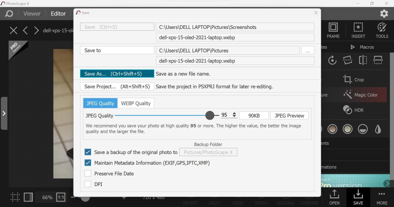 Clicking on the Save As Button after Selecting the Desired Format of the Image in the PhotoScape X App on Windows