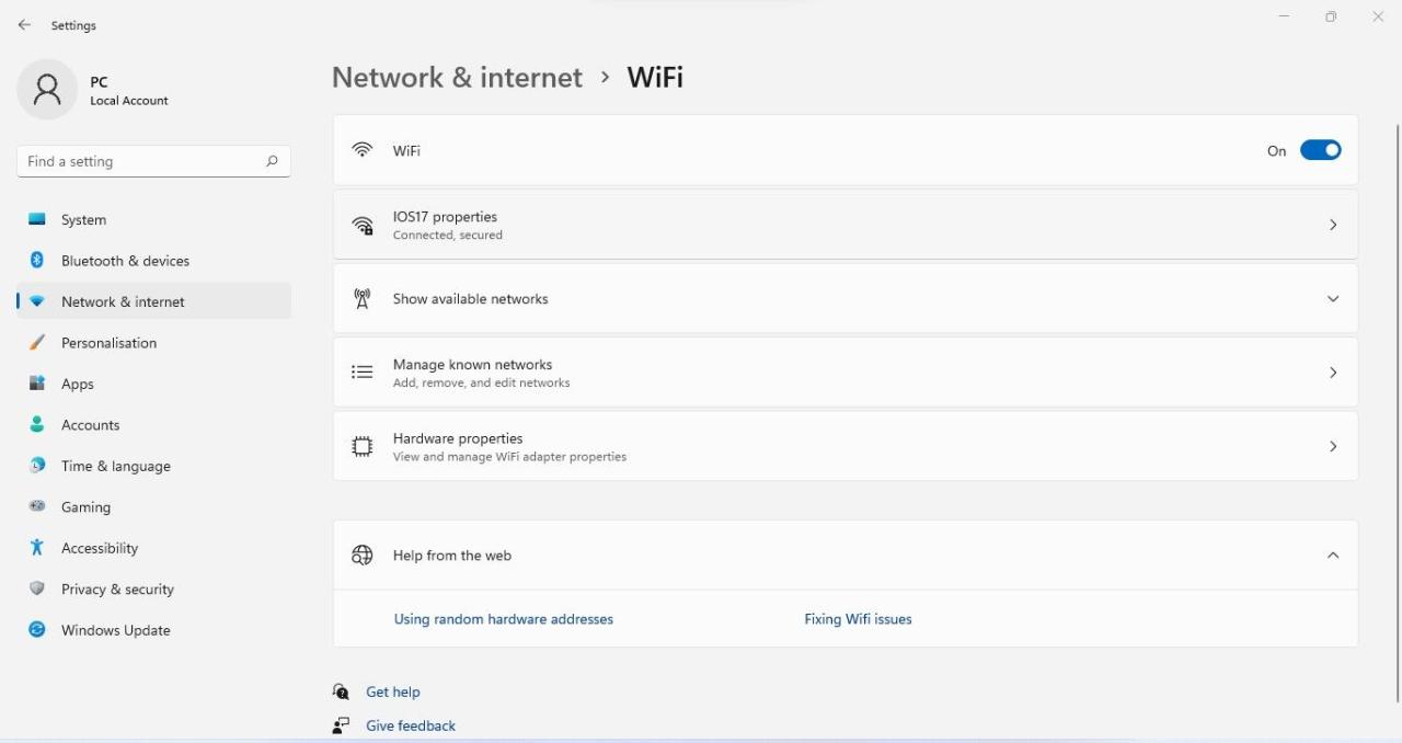 Opening the Properties of the Wi-Fi Connection in the Windows Settings App