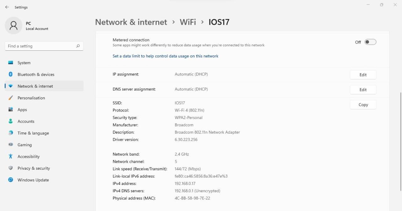 Noting Down the IPv4 Address in Wi-Fi Properties in Windows Settings App