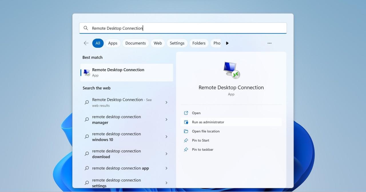 Running the Remote Desktop Connection App As Administrator by Searching it in Windows Search