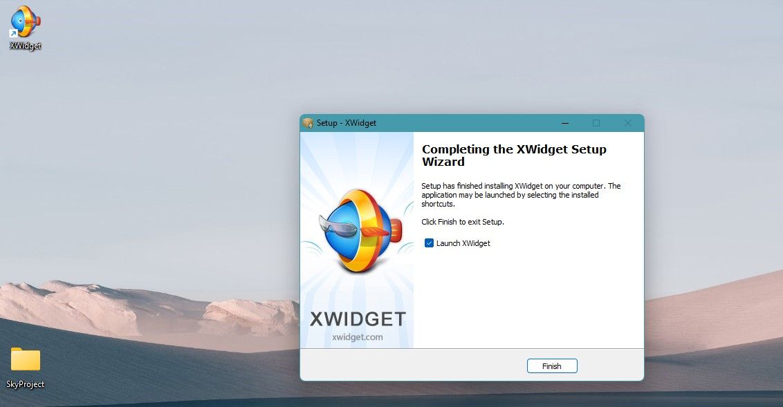 XWidget Finish Installation Screen and Desktop Shortcut