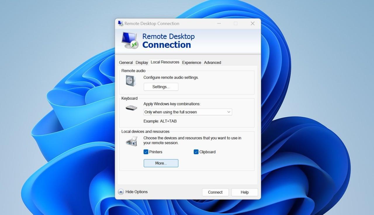 Clicking on the More Button after Navigating to the Local Resources Tab of the Remote Desktop Connection Tool Window