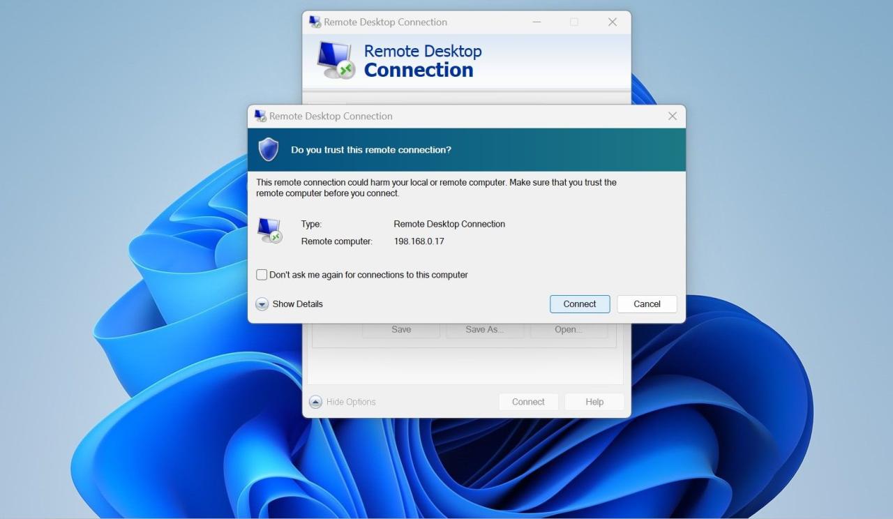 Clicking on the Connect Button after Adding the User Name and IP Address in the Computer Field of the Remote Desktop Connection Tool Window