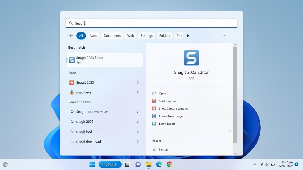 Opening the Snagit Editor App by Searching it in Windows Search