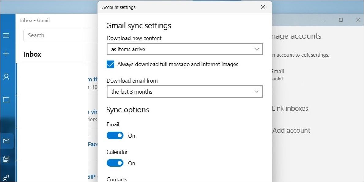 Check Mail App Sync Settings Windows