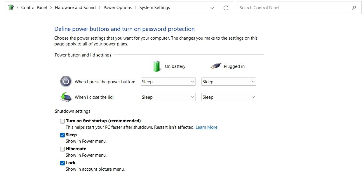 Disable Fast Startup in Control Panel