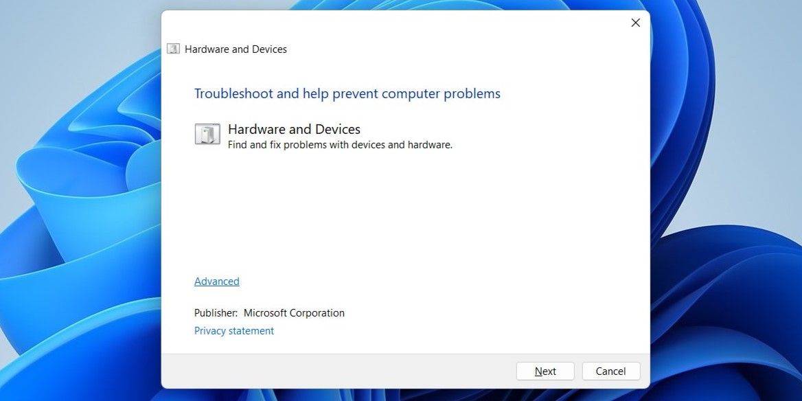 Hardware and Devices Troubleshooter on Windows