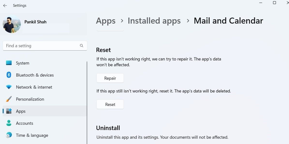 Repair or Reset Windows Mail App