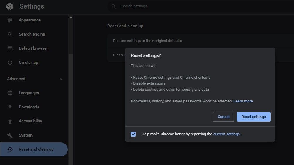 Resetting Chrome Browser Settings