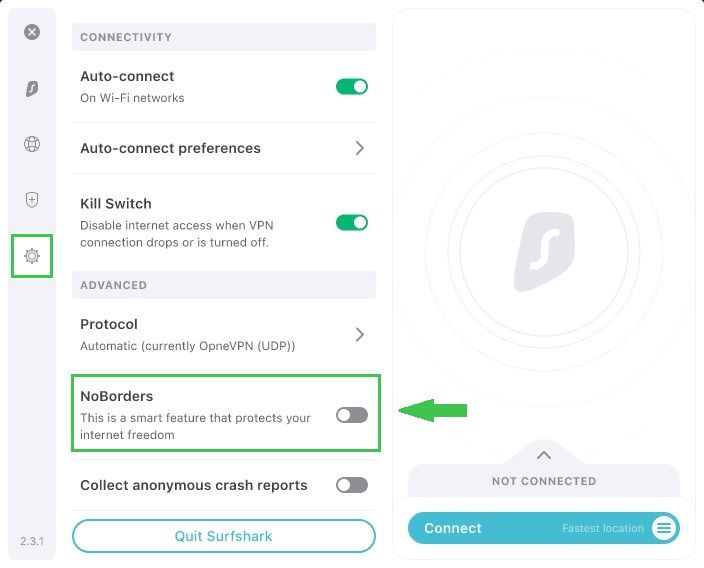 Surfshark\'s Settings Menu with NoBorders Feature