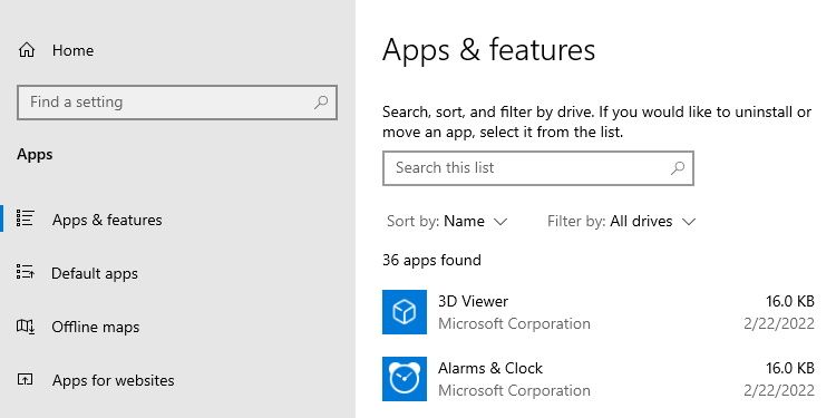 the apps and features screen in the windows 10 settings app