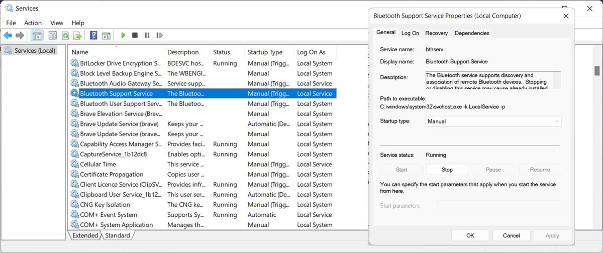 Bluetooth service settings