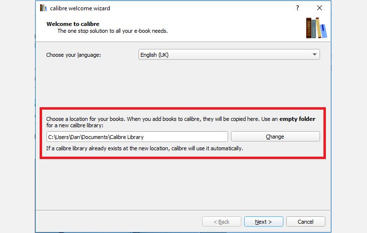 Choosing Calibre Library Location while Installing the App