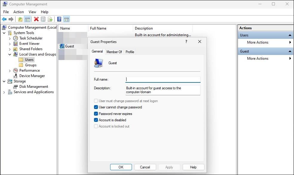 computer management local users groups users account is disabled