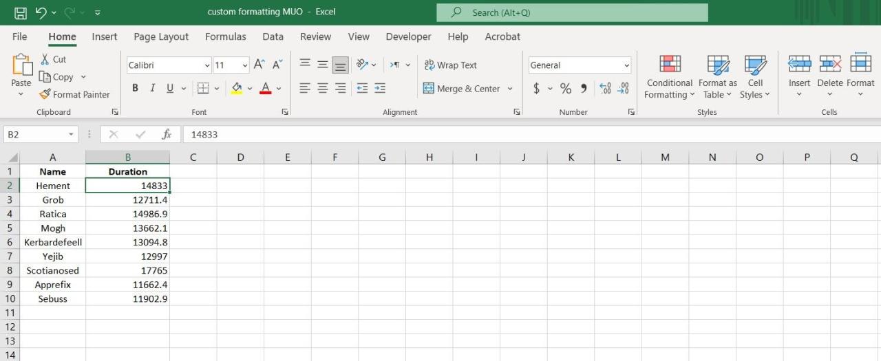 Sample spreadsheet in Excel