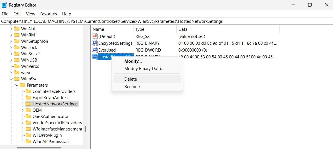 Delete HostedNetworkSettings in Registry