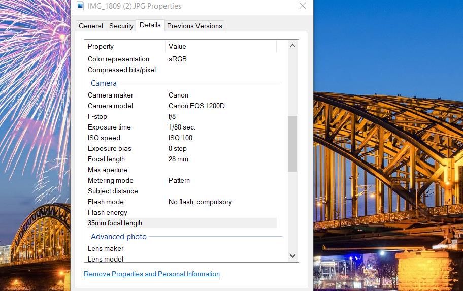 EXIF data in the Details tab