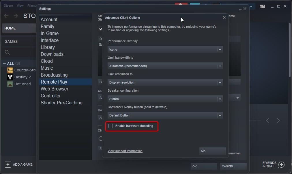 disable hardware encoding steam