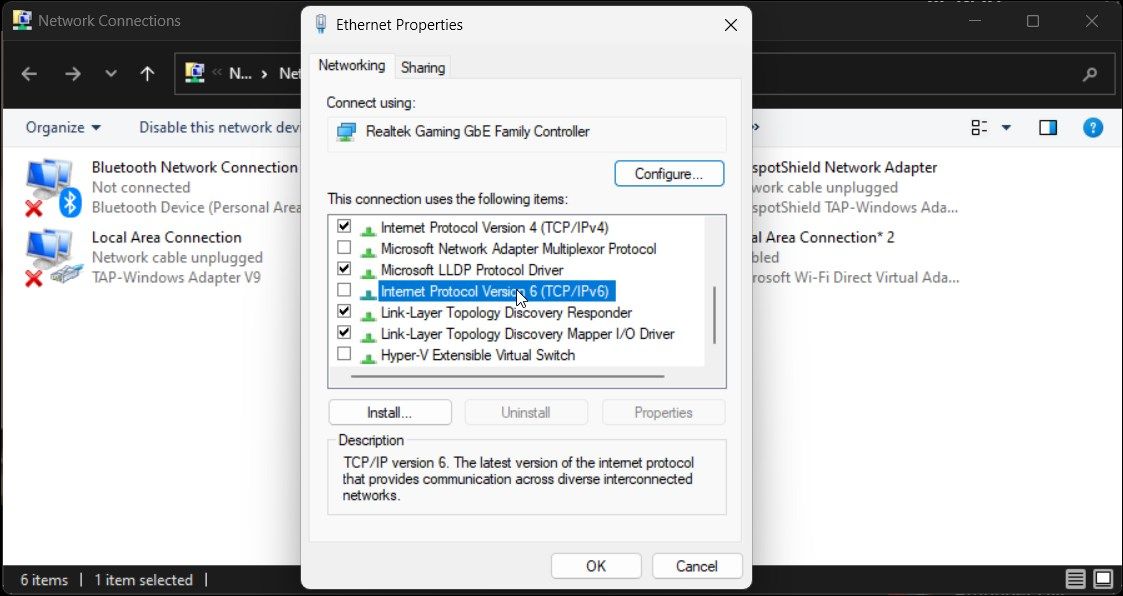 disable internet protocol version 6 network properties