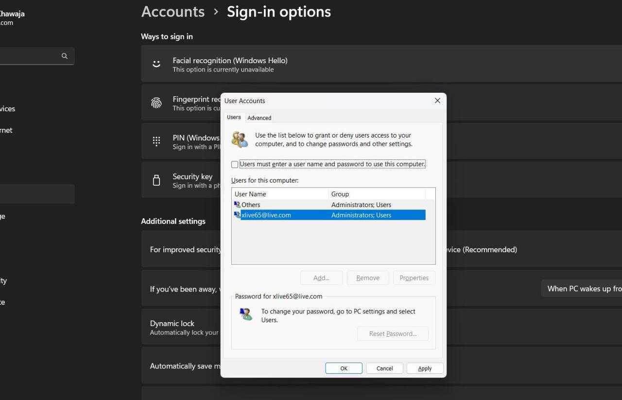 disable password in user accounts panel