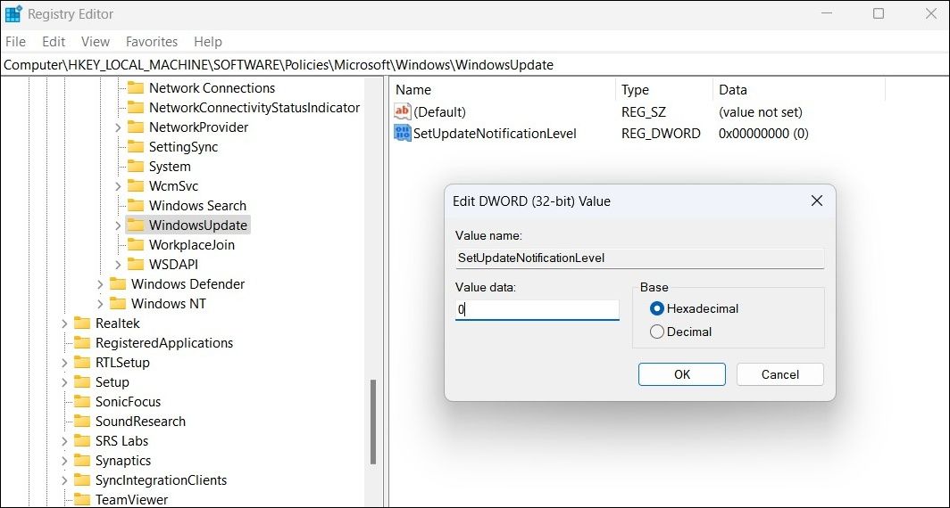 Disable Windows Update Notifications Using the Registry Editor