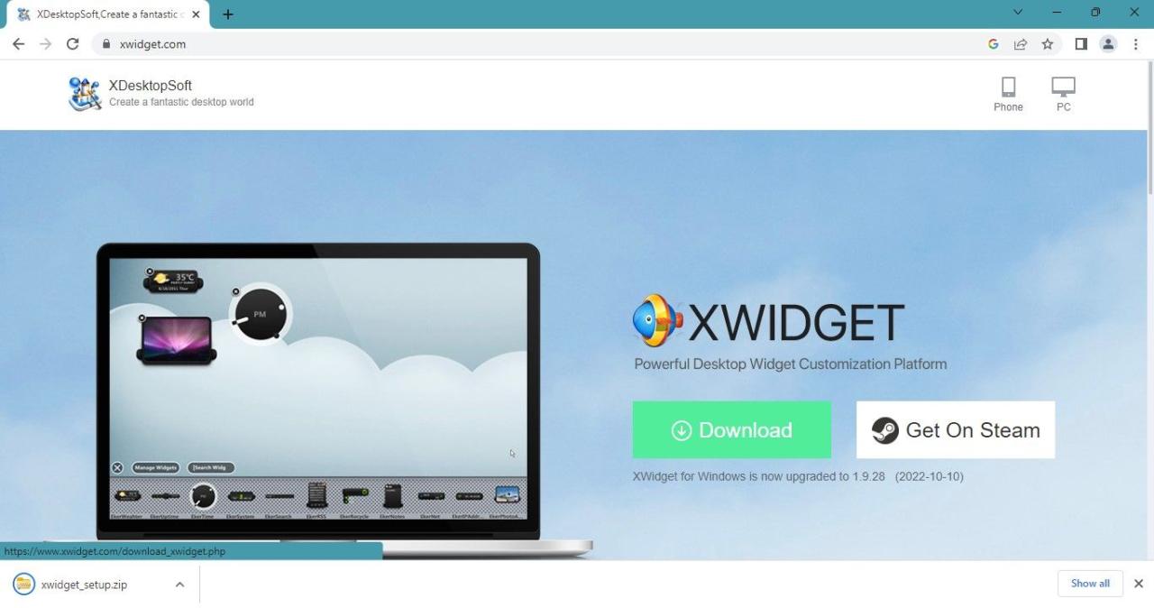 XWidget Download Screen on XWidget Website