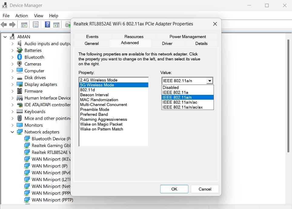 Enable 5GHz in Device Manager