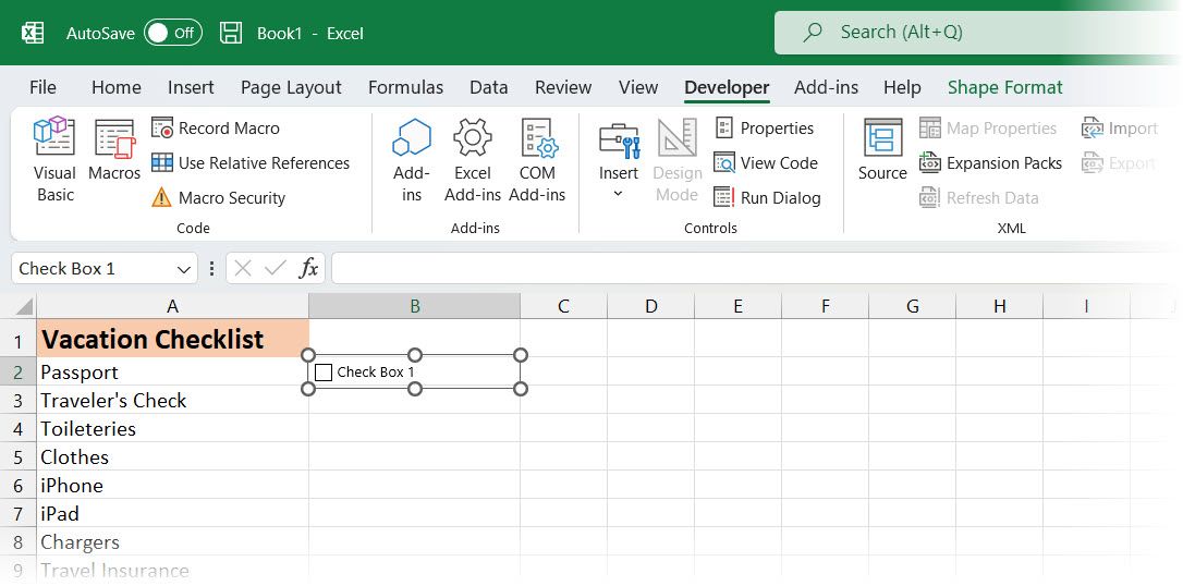 A checkbox in an Excel checklist