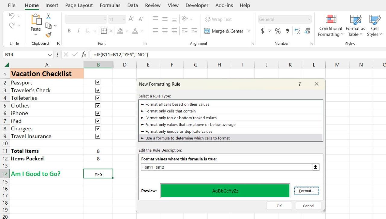 Checklist with a Conditional Format rule