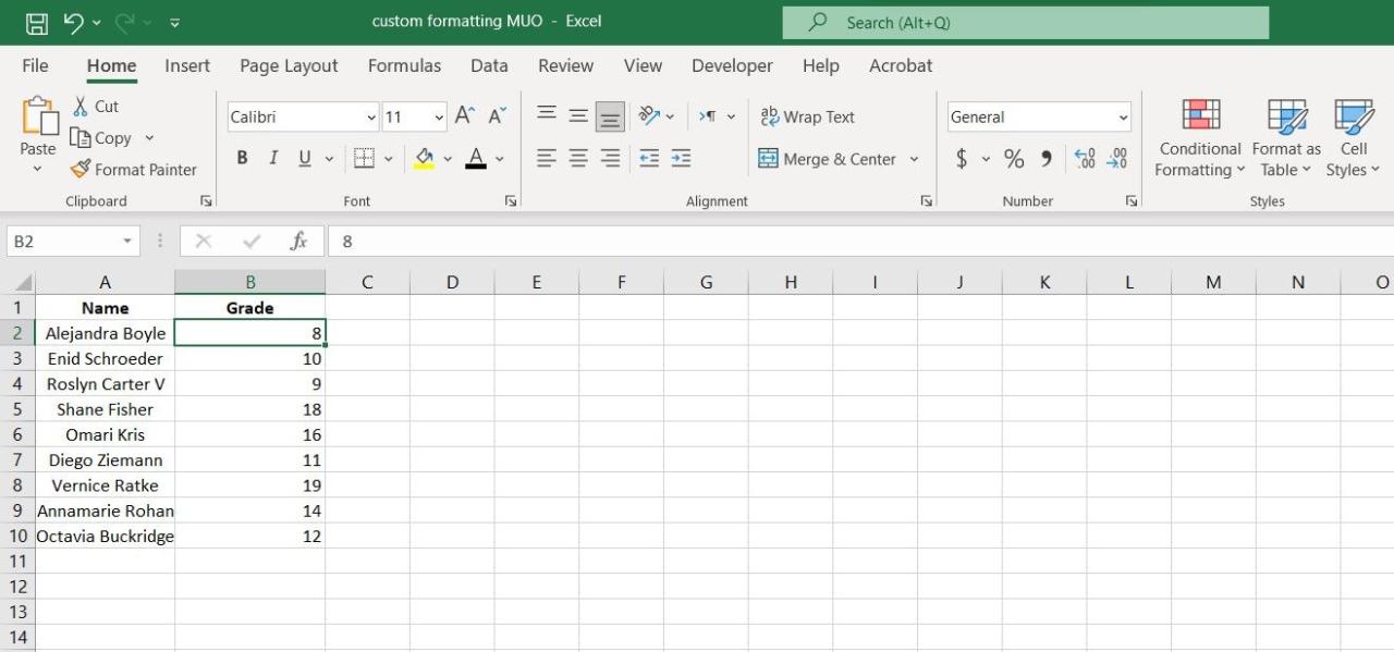 Sample spreadsheet in Excel