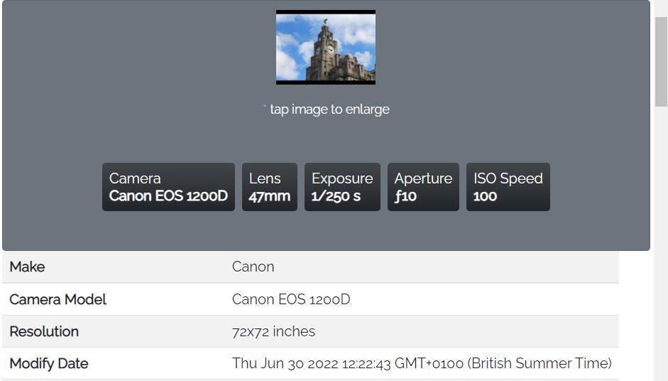 The EXIF data shown in the EXIF Viewer add-on