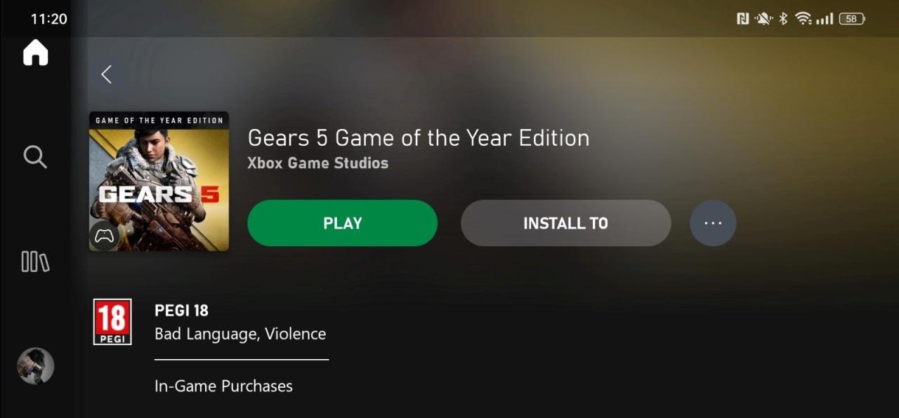 A screenshot of the Xbox Game Pass app on mobile highlighting the listing for Gears 5 Game of the Year Edition